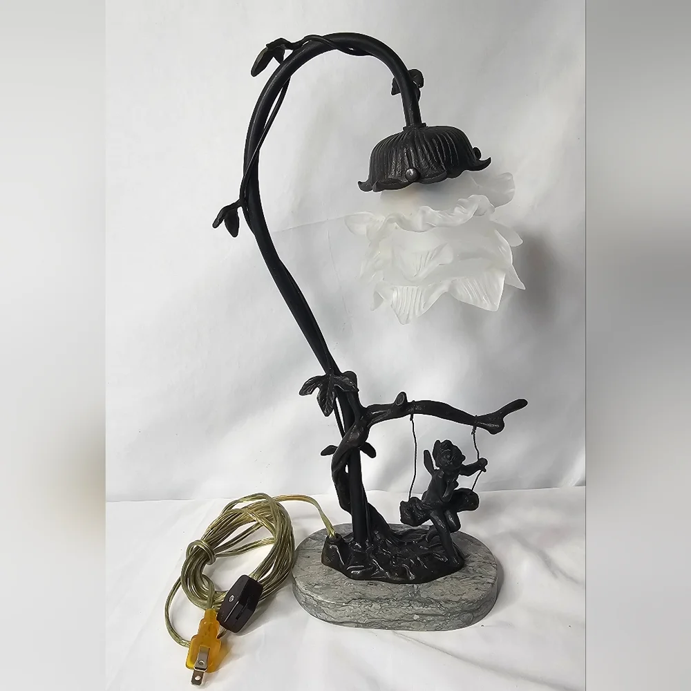 Andrea By Sadek Fairy On Swing Bronze Lamp Glass Flower Shade Marble Stand - Picture 12 of 12